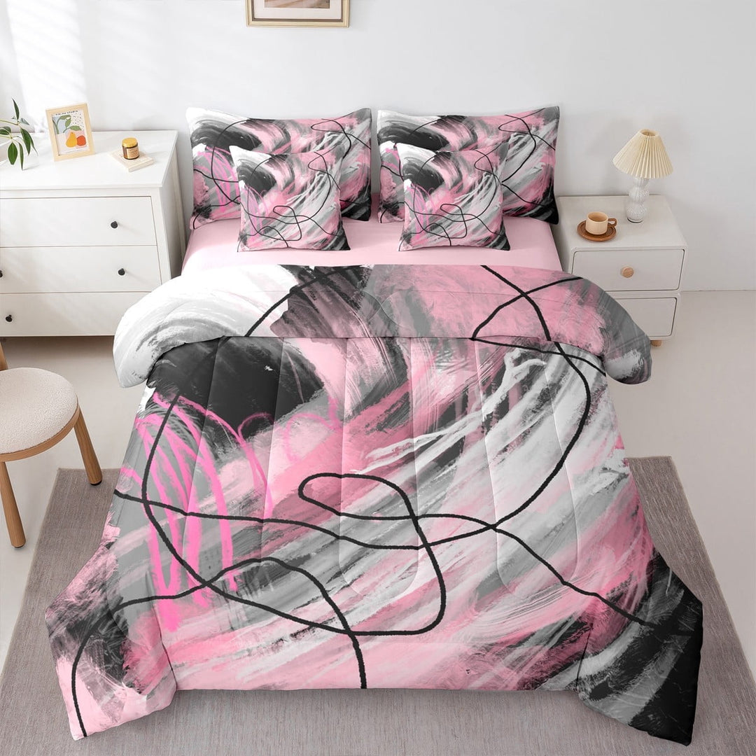 jejeloiu Aesthetic Geometric Art Twin Bedding Sets 7-Piece,Geometric Lines Bedding Comforter Set,Pink Black Gray Sheet Sets,Lightweight Room Decor Reversible