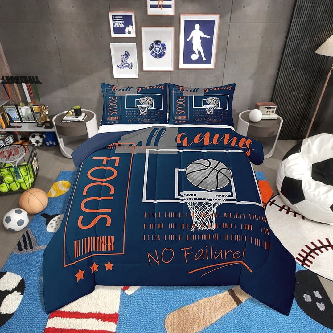 Basketball Bedding Set Twin Size Sports Theme Comforter&amp;nbsp;Sets,Basketball Field Down Comforter Orange Blue Ball Games Quilt Bed Set Room Decor with 1 Pillowcase