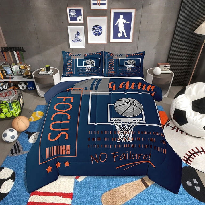 Basketball Bedding Set Twin Size Sports Theme Comforter&amp;nbsp;Sets,Basketball Field Down Comforter Orange Blue Ball Games Quilt Bed Set Room Decor with 1 Pillowcase
