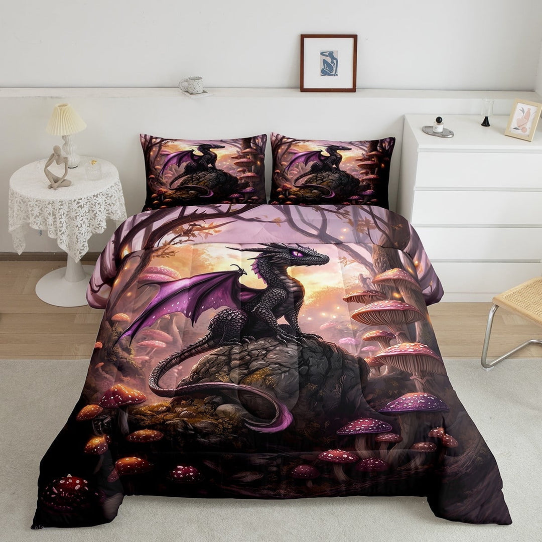 Erosebridal Magical Dragon Bedding Queen Comforter Set, Boho Mushroom Down Comforter, Dreamy Jungle Animal Decor, Breathable