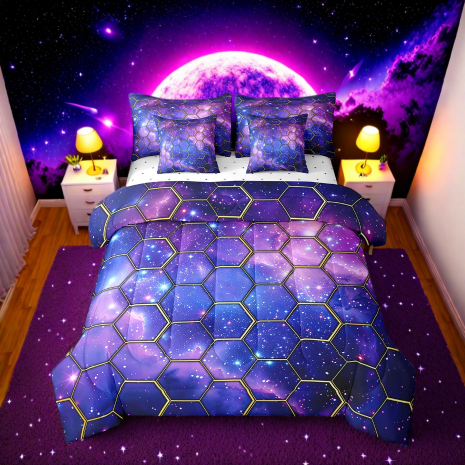 Erosebridal Geometric Honeycomb Bedding Sets Twin Size,Outer Space Starry Sky Comforter Sets with Sheets,Mystic Cosmos Decor,Reversible,7pcs