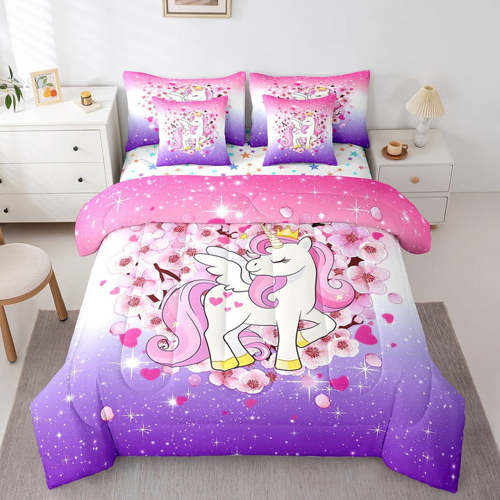 Erosebridal Unicorn Bedding Sets Queen Size Teens, Cherry Blossoms Comforter Sets with Sheets, Pink Purple Reversible Bedding Queen Size, Microfiber Room Decor, 7 Pieces