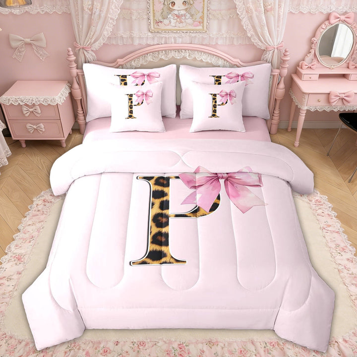 Erosebridal Cheetah Print P Letter Twin Bedding Sets, Watercolor Bowknot Bedding Comforter Set for Girls Kids, Pink Reversible, 7 Pieces