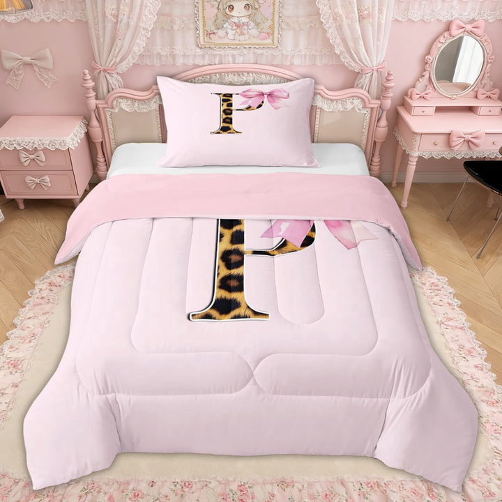 Erosebridal Cheetah Print P Letter Twin Comforter Sets, Watercolor Bowknot Bedding Set for Girls Kids, Pink Reversible, 2 Pieces