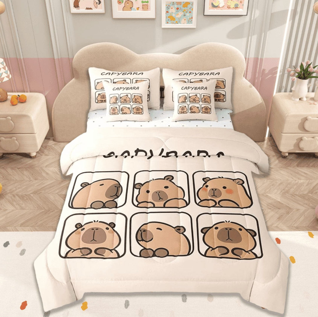 Manfei Brown Kawaii Capybara 7 Pieces Bedding Comforter Set,Cartoon Cute Animal Full Bedding Set,Capybara Lovers Fitted Sheet Flat Sheet For Girls Kids,All Season Bedroom Decor Reversible