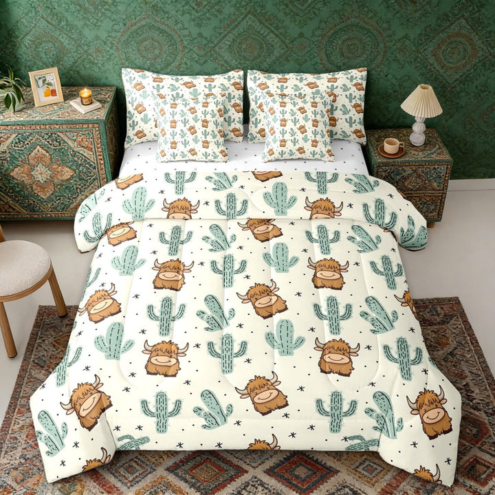 Erosebridal Cute Highland Cow Bedding Comforter Set for Kids, Rustic Farmhouse Full Bedding Set, Reversible 7-Piece