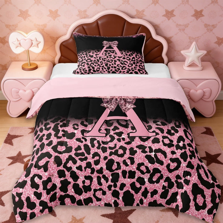 Erosebridal Girls Pink Leopard Print Twin Comforter Sets,Cute Bows Initial Letter A Bedding Set For Girls Women,Reversible pink,2 Pieces
