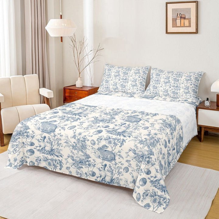 Erosebridal Vintage Rabbit Full Size Sheets for Kids, Blue Beige Bed Sheets, 4 Pieces, 1 Flat Sheet 1 Fitted Sheet and 2 Pillowcases