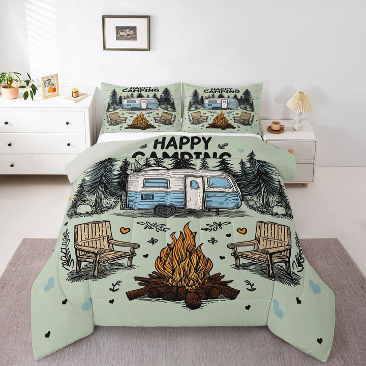 Erosebridal Blue Adventure Car Full Size Comforter Sets 3 Pieces For Boys Girls,Kids Teens Happy Camping Bedding Sets,Grey Reversible