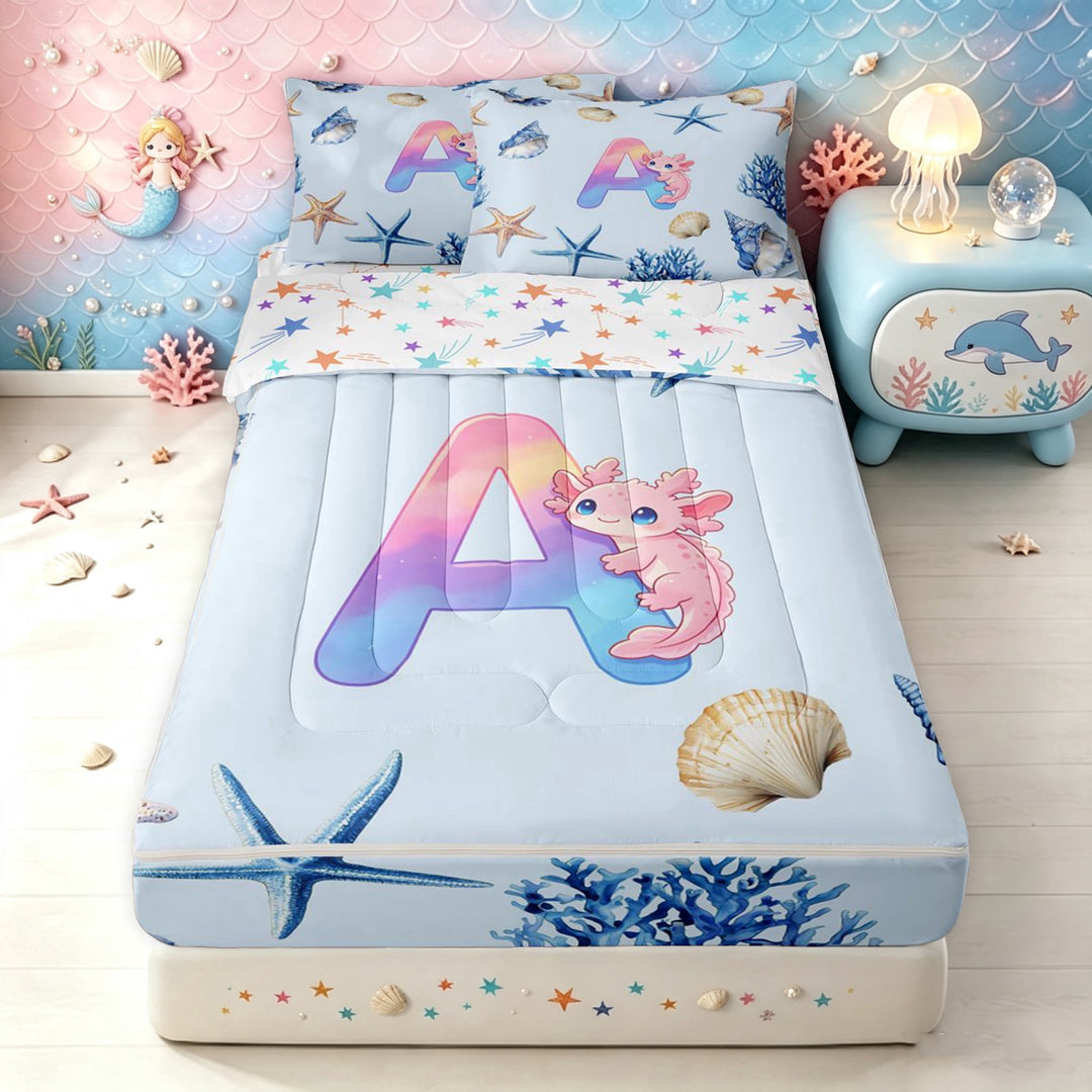 meiyoeat Ocean Axolotl Letter A Zipper Full Size Comforter Sets with Fitted Sheet and 2 Pillowcases for Girls, Sea Life Zipper Bedding Set, Rainbow Blue, Star Reversible, 4pcs