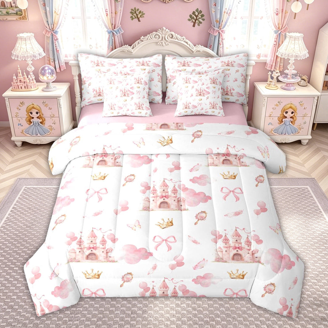 meiyoeat Watercolor Dreamy Castle Full Size Bedding Sets for Kids Girls, Princess Fairy Style Full Size Bed in a Bag, Pink White, Pink Reversible, 7 Pieces