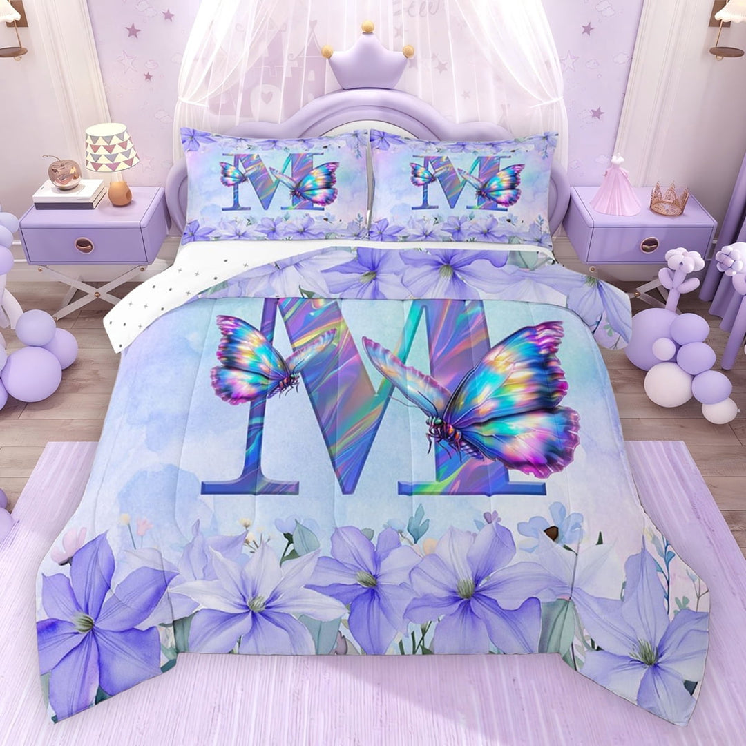 Erosebridal Purple Butterfly Full Size Comforter Sets for Girls, Garden Flower Floral Bedding Sets, Personalized M, Reversible, 1 Comforter and 2 Pillowcases