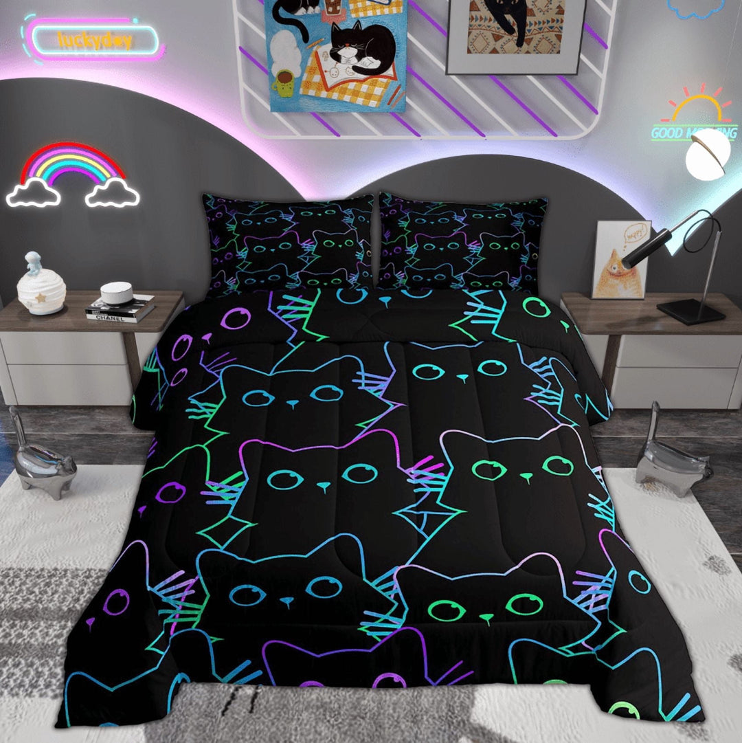 Erosebridal Cat Bedding Neon Black Cute Cat Twin Bed Comforter Set Bedroom Decor, Gradient Line Kawaii Kitten Comforter Brigt Color Cartoon Animal Duvet Insert All Season 2Pcs
