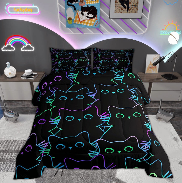 Erosebridal Cat Bedding Neon Black Cute Cat Twin Bed Comforter Set Bedroom Decor, Gradient Line Kawaii Kitten Comforter Brigt Color Cartoon Animal Duvet Insert All Season 2Pcs