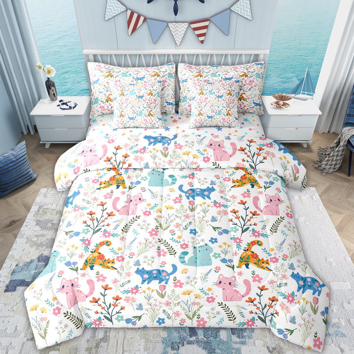 Erosebridal Cartoon Cat Kitten Twin Bedding Sets for Kid, Flower Floral Bedding Comforter Set, 7-Piece