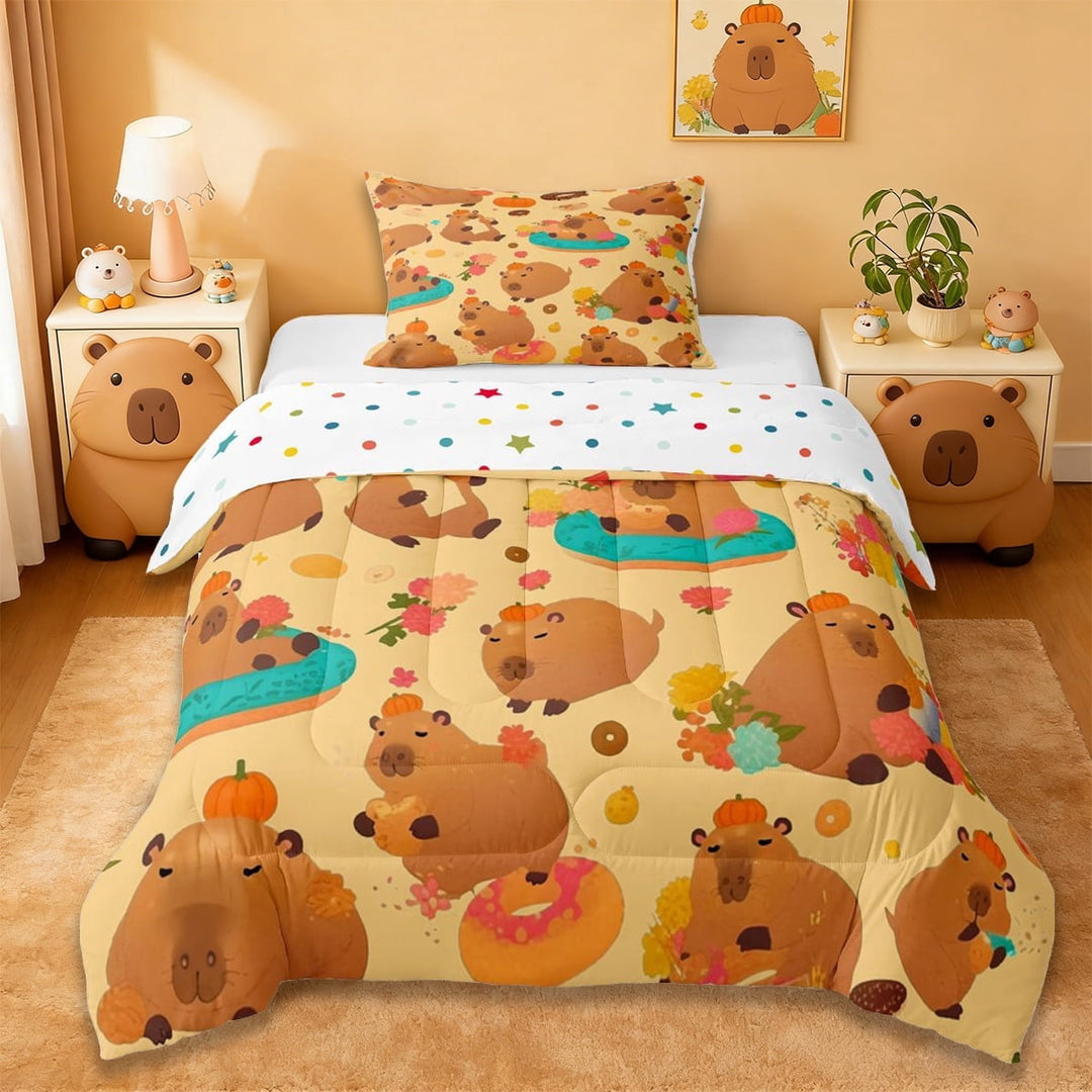 Erosebridal Kawaii Rodent Animal Capybara Twin Comforter Sets,Cute Flowers Sweet Doughnut Bedding Set For Kids Reversible 2pcs