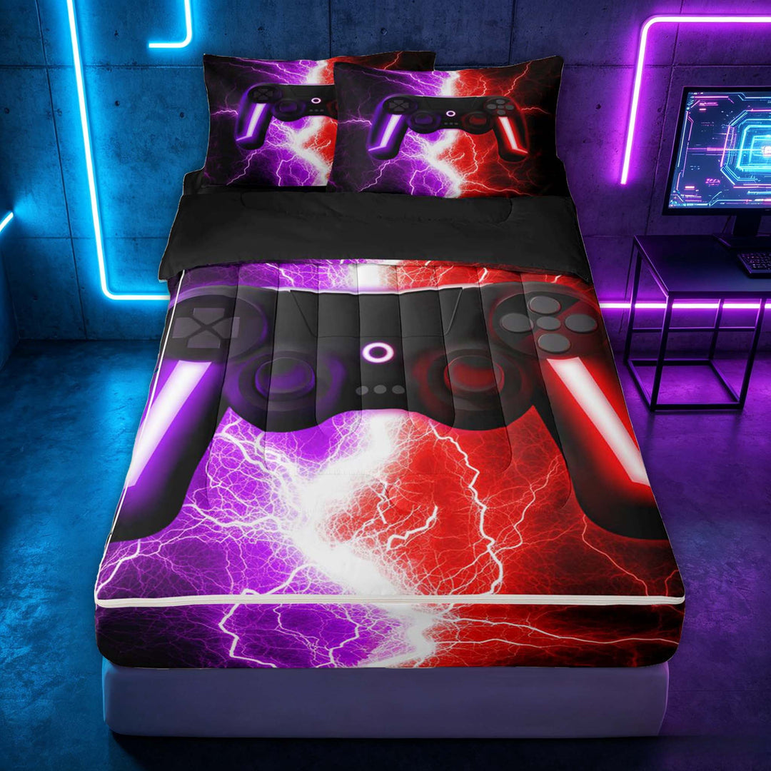 meiyoeat Neon Lightning Gaming Zipper Full Size Comforter Sets with Fitted Sheet and 2 Pillowcases for Boys Girls, Electric Gamer Zipper Bedding Set, Purple Red, Black Reversible