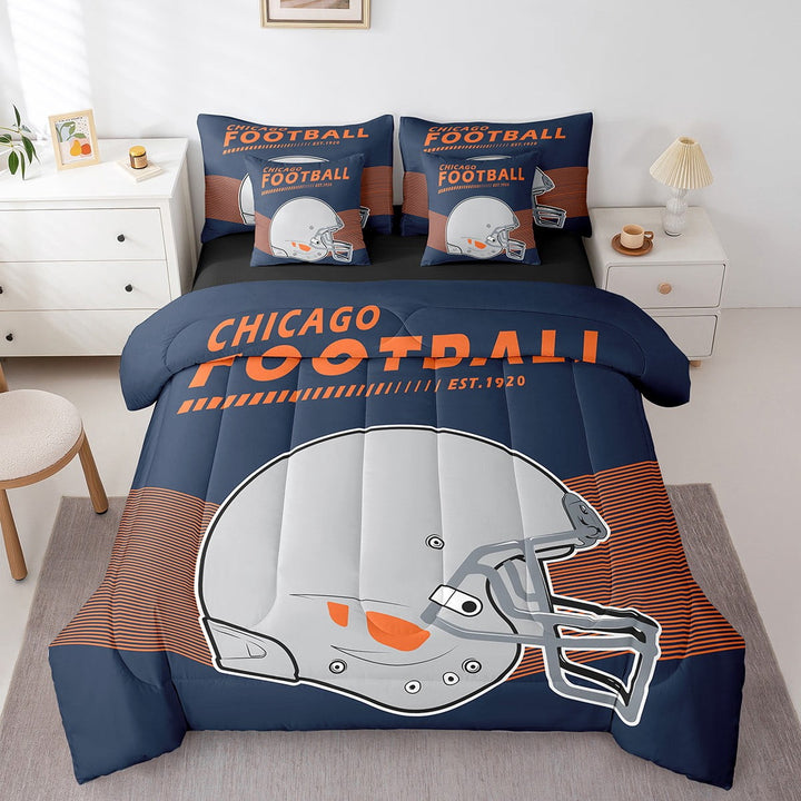 7 Pcs Comforter Set Queen Size, American Football Sports Bedroom Comforter Bed in a Bag, Chicago (1 Comforter, 1 Flat Sheet 1 Fitted Sheet 2 Pillowcases and 2 Throw Pillow Covers)