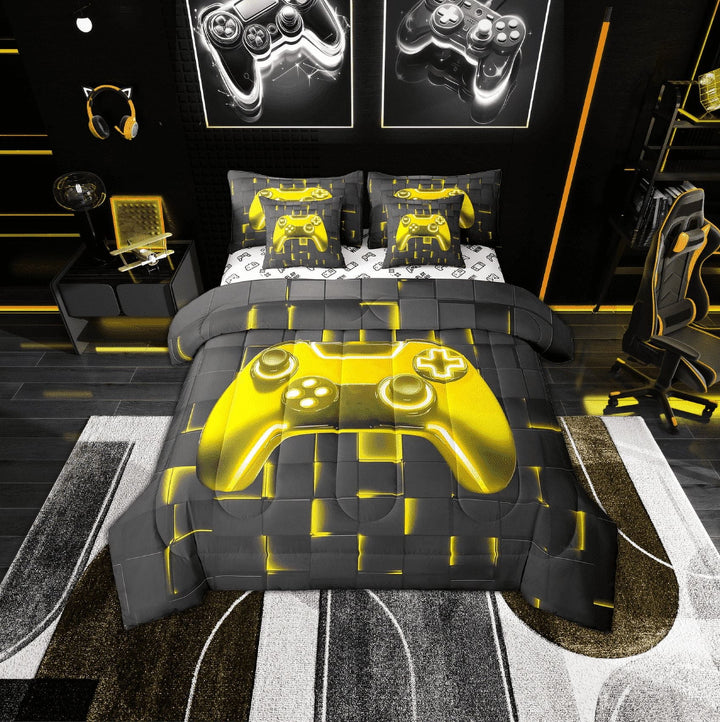 Erosebridal Gold Gamepad Bedding Sets Twin Size, Neon Light Geometric Square Comforter Sets with Sheets, Gaming Bedroom Decor, Reversible 7-Piece
