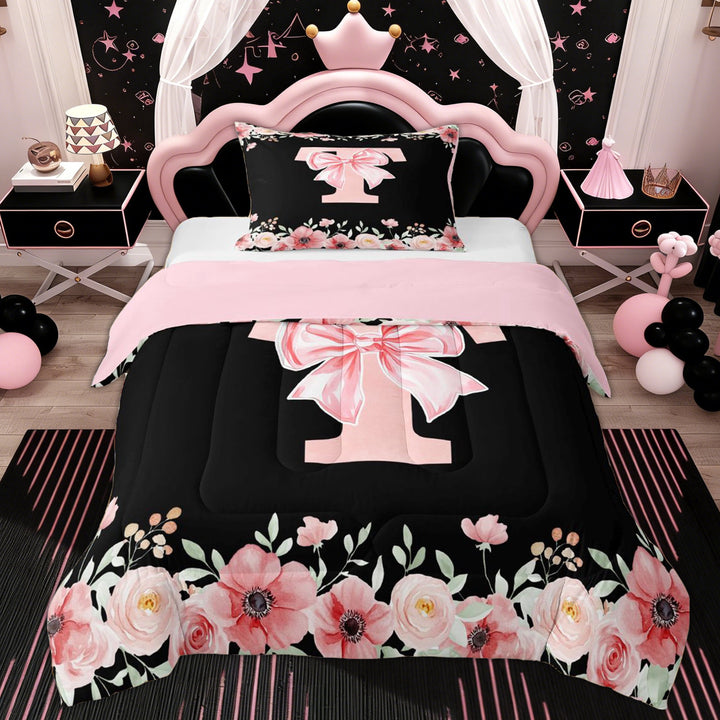 Erosebridal Bow Monogrammed T Girls Twin Comforter Sets, Pink Flower Bedding Set, 2-Piece