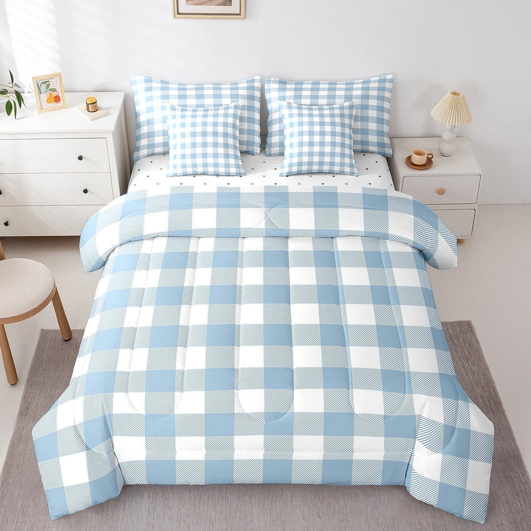 Manfei Boys Girls Geometric Plaid Grid Twin Bedding Sets 7-Piece,Blue White Bedding Comforter Set Microfiber,Minimalist Vintage Aesthetic Breathable Sheet Sets,Lightweight Room Decor
