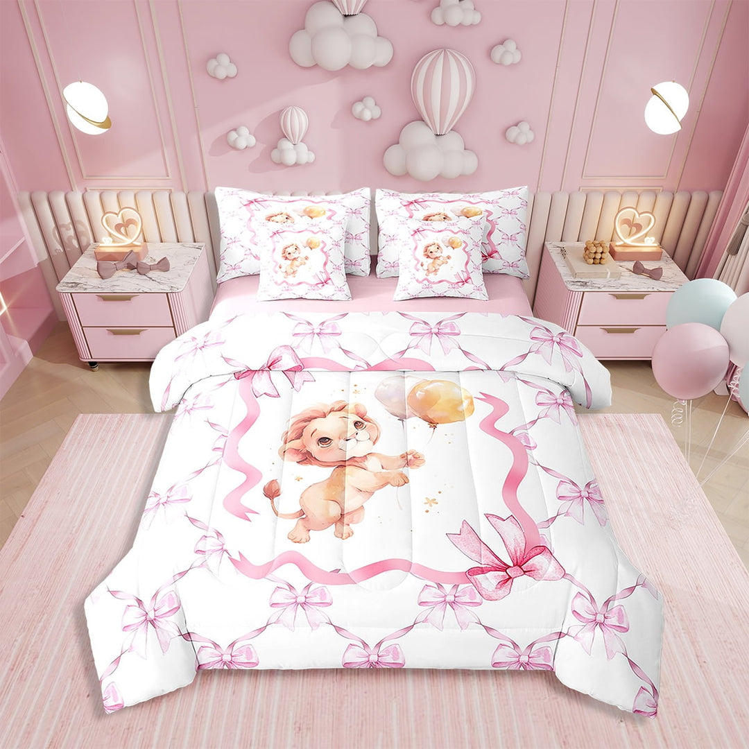 Erosebridal Princess Bowknot Bedding Set Twin Size 7 Piece Bed in A Bag Cute Animal Comforter Set Teens Super Soft All Season for Bedroom,Kawaii Bow Reversible Bed Sets