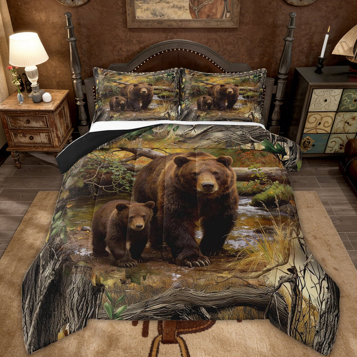 Erosebridal Brown Bear Family Kids Full Size Comforter Sets, Jungle Wildlife Bedding Sets, 3-Piece