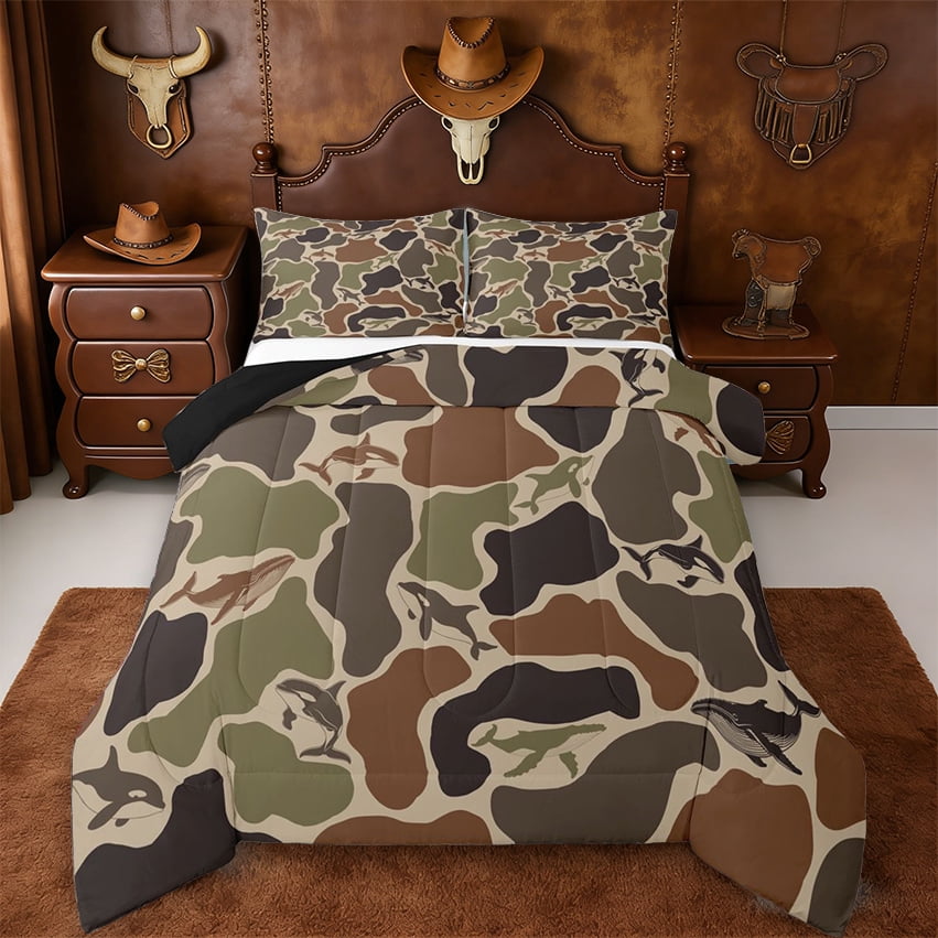 Erosebridal Green Camouflage Hunting Full Size Comforter Sets,Camo Whale Print Bedding Sets,Reversible Black,3-Piece