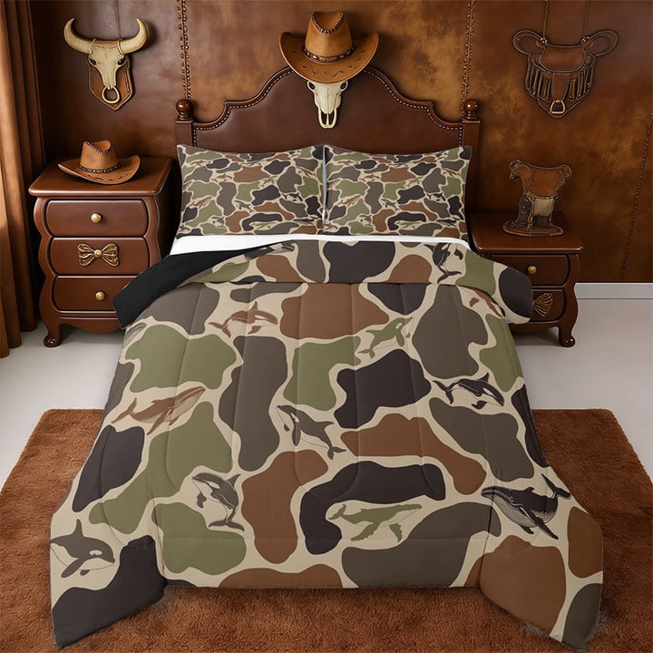 Erosebridal Green Camouflage Hunting Full Size Comforter Sets,Camo Whale Print Bedding Sets,Reversible Black,3-Piece
