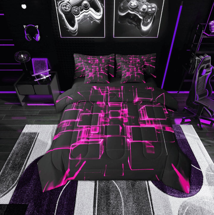 Erosebridal Geometric Buffalo Bedding Sets Twin Size,Black Pink Comforter Sets with Sheets,Super Cozy Reversible Bed in a Bag Twin size,Plaid Decor,7pcs