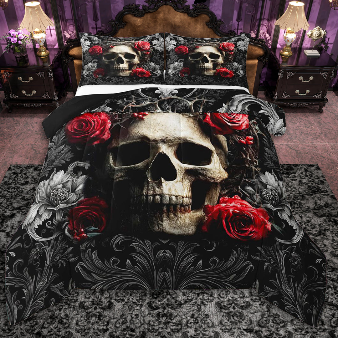 Erosebridal Teens Red Rose Sugar Skull Queen Comforter Set 3pcs,Gothic Style Flowers Bedding Comforter Set for Boys Girls,Black Reversible,Luxury Bedroom Decor