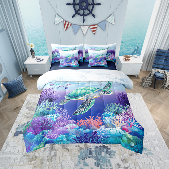 Erosebridal Kawaii Sealife Bedding Twin Size, Sea Turtle Bedding Sets Twin Size, Purple Coral Reversible Bed Set, Microfiber Bedroom Decorative, 7pcs