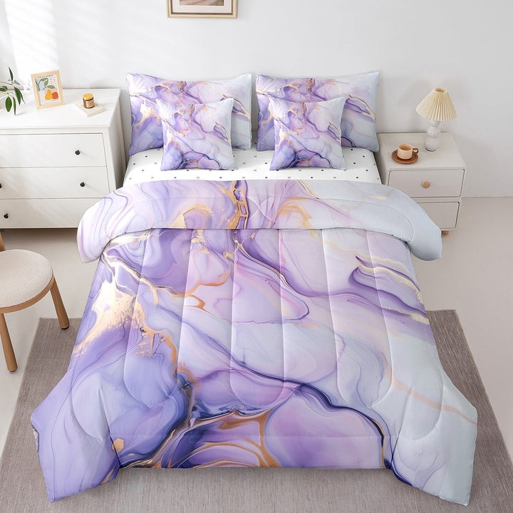 Light Purple Marble Bed In A Bag Gold Abstract Fluid Marbling Bedding Set For Men Women Bronzing Sequins Marble Grain Twin Comforter Set 7 Piece,Marble Texture Bed Set