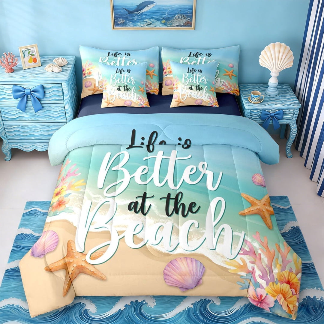 Erosebridal Watercolor Sea Coral Kids 7-Piece Twin Bedding Sets,Ocean Beach Theme Hawaii Summer Holiday Bedding Comforter Set For Girls,Reversible Navy Blue