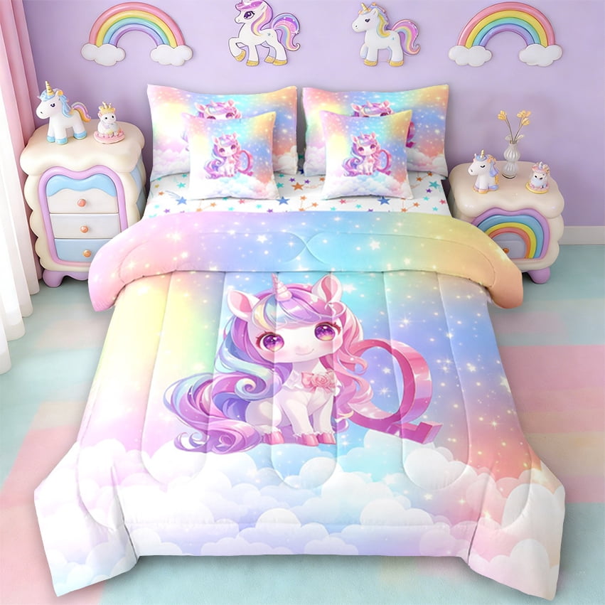 Erosebridal Kawaii Unicorn Bedding Twin Size, Personalized Letter Q Comforter Sets With Sheets, Cute Stars Clouds Bedding Sets Twin Size, Breathable Room Decorative,7Pcs Reversible
