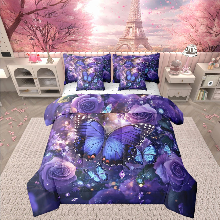 Purple Butterfly Full Bed In A Bag Rose Flower Print Woman Adult Comforter Set,Galaxy Glitter Decor Bedding Set 7 Pieces,Floral Leaf Sheet Set