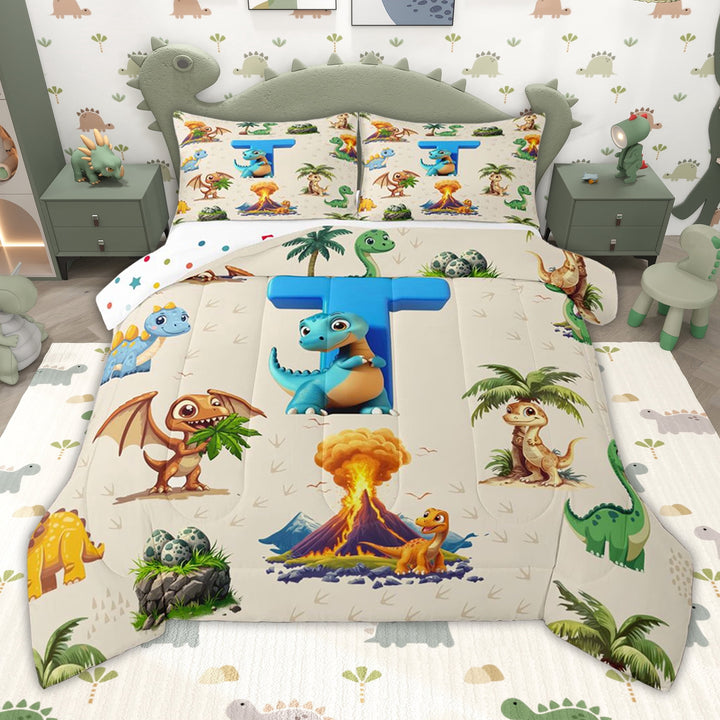 Erosebridal Blue Dinosaur Initial T Twin Comforter Sets for Kids Boys Girls, Jungle Dino Bedding Set, Polka Dots Reversible, 2pcs