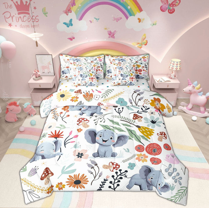 Kawaii Elephant Comforter Set 7 Piece Bed in a Bag Twin,Mushroom Floral Cartoon Animal Bedding Sets Watercolor Flowers Leaves Sheet Set with Comforter