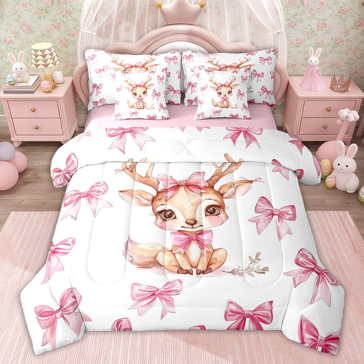 Erosebridal Pink Bow-Tie Bedding Twin Comforter Set, Deer Elk Down Comforter, Cartoon Wildlife Decor, Pink Reversible