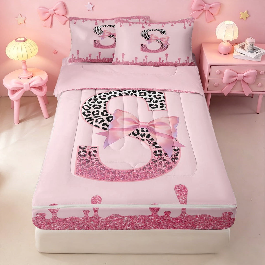 meiyoeat Pink Sparkly Print Initial S Zipper Full Size Comforter Sets with Fitted Sheet and 2 Pillowcases For Girls,Leopard Bow Drip Alphabet Art Zipper Bedding Set,Pink Reversible,4-Piece