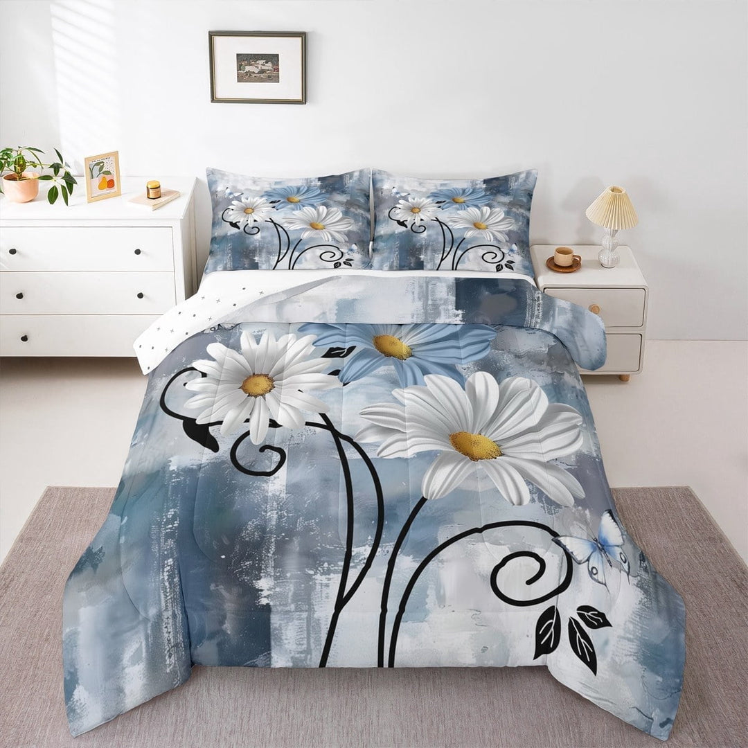 Erosebridal Chic Daisy Bedding Sets Twin with Comforter,Botanical Flower Duvet Insert,Gradient Blue Comforter Sets Twin Size,Super Cozy Room Decoration Reversible,2 Pieces