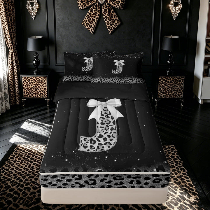 meiyoeat Leopard Print Print Letter Zipper Comforter Set with Fitted Sheet and 2 Pillowcases for Women, Glitter Initial Zipper Bedding Set for Home, Black Silver, Black Reversible, 3 Pieces