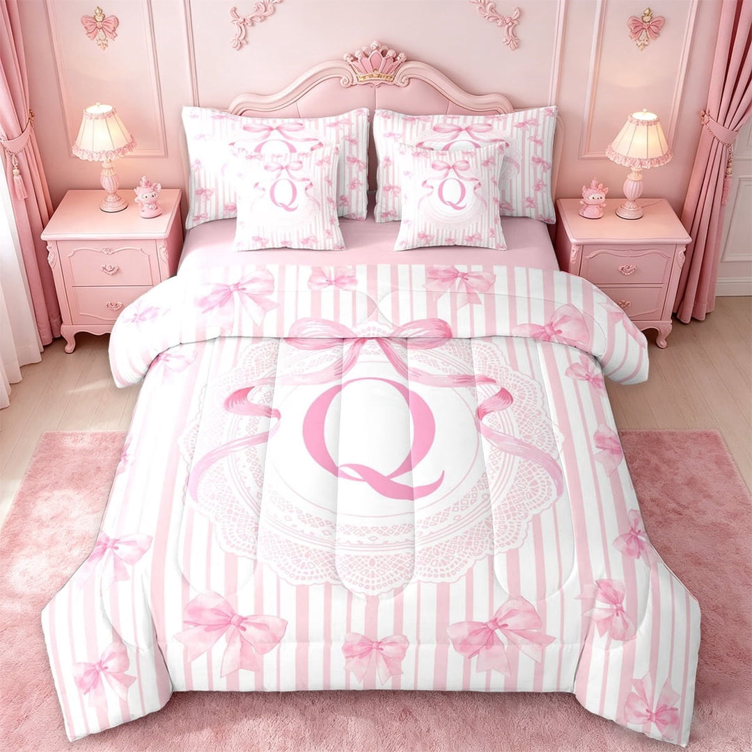 Manfei Bowknot Girly Bow 7 Pieces Bedding Comforter Set For Girl,Cartoon Pink Q Initial Print Kids Full Bedding Set,Pink Reversible