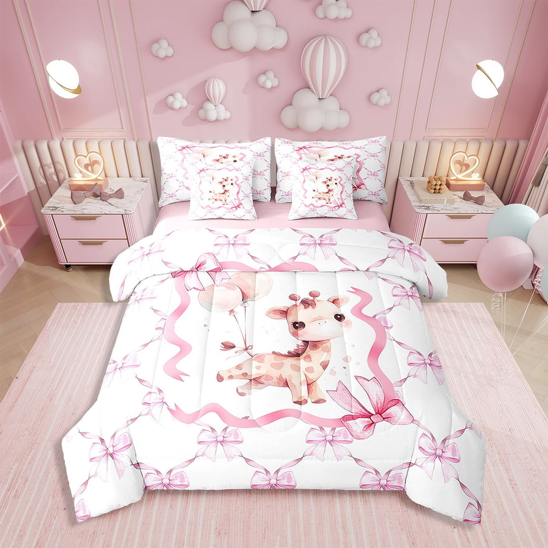 Erosebridal 7Pcs Princess Bowknot Bedding Set,Twin Size Comforter Set with Sheets and Pillowcase,7Pcs Bed in a Bag,Cute Animal Children Bed Set,Kawaii Bow Comforter