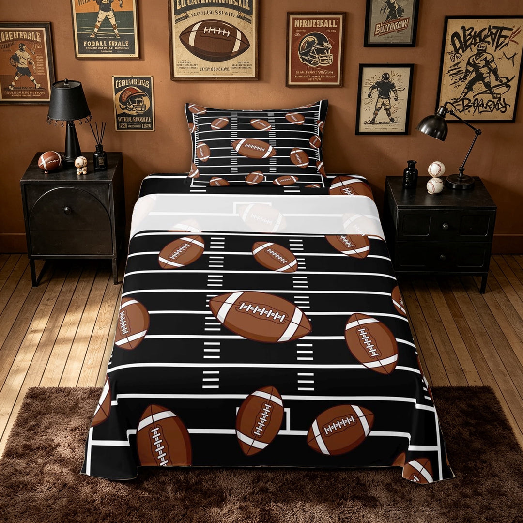 meiyoeat Cartoon Football Bed Sheets for Boys, Field Sport Full Size Sheets, Black Brown, 4-Piece, 1 Flat Sheet, 1 Fitted Sheet and 2 Pillowcases