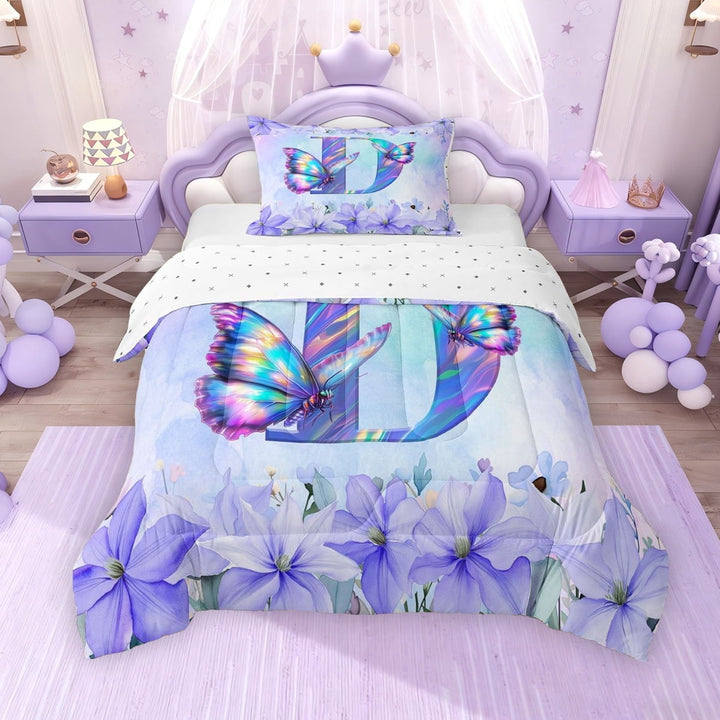 Erosebridal Purple Butterfly Twin Comforter Sets for Girls, Garden Flower Floral Bedding Set, Monogrammed D, Reversible, 1 Comforter and 1 Pillowcase