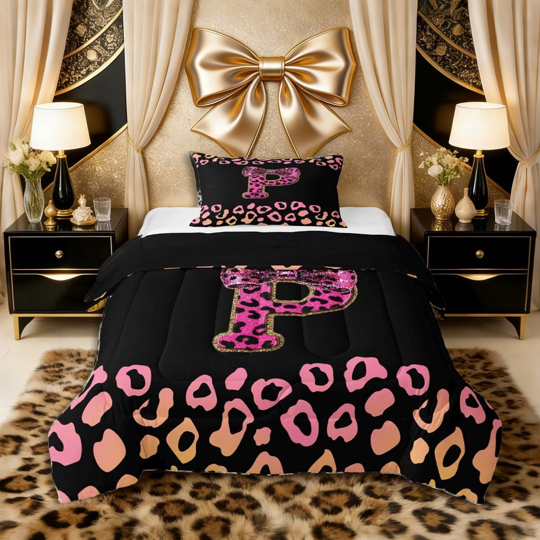 Erosebridal Teens Bow Letter Monogrammed P Twin Comforter Sets 3-Piece,Bling Glitter Print Gradient Leopard Print Bedding Set for Girls Women,Black Reversible,Super Cozy Room Decor