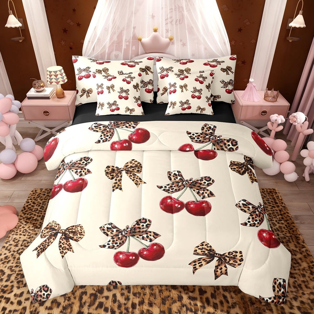 Erosebridal Cute Cherry Twin Bedding Sets for Girls, Leopard Print Bow Bedding Comforter Set, Black Reversible, 7 Pieces
