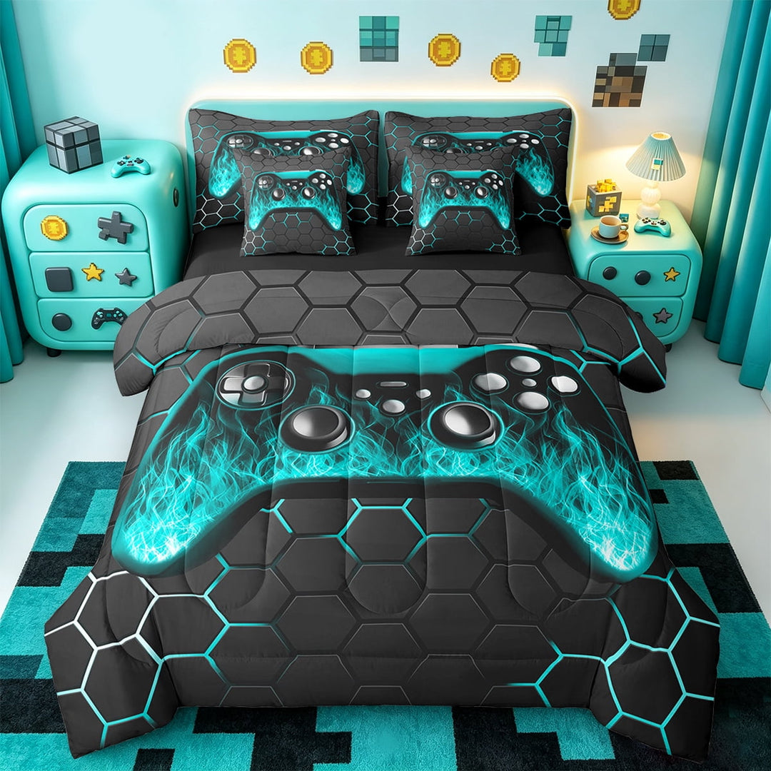 Manfei Game Console Bedding Sets Twin Size,Gamer Gaming Comforter Sets with Sheets,Cyan Geometric Geometric Bed in a Bag Twin Size,Breathable Bedroom Decorative Reversible,7-Piece