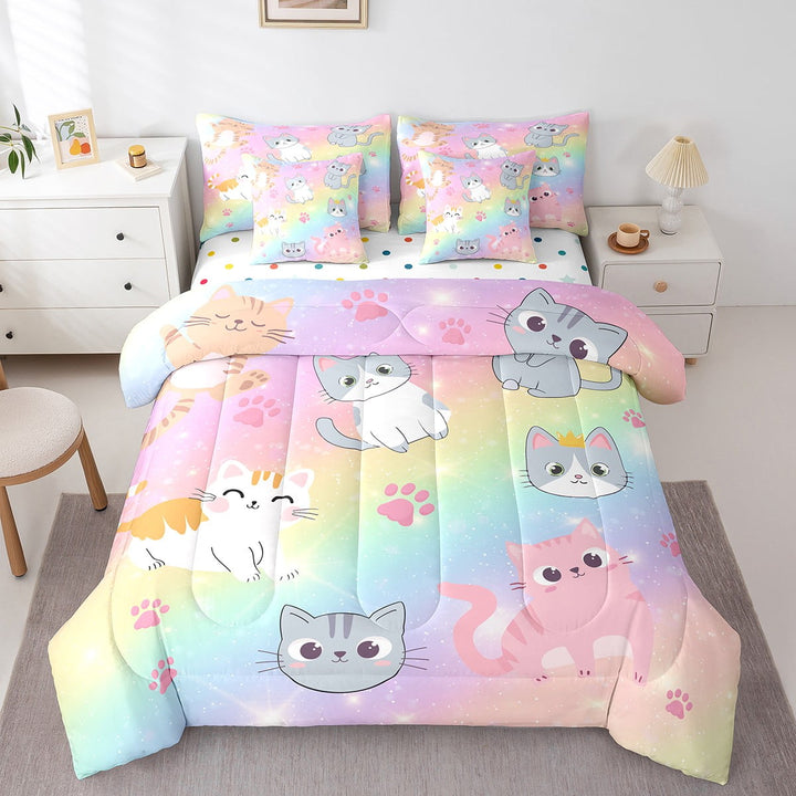Rainbow Cat Twin Bedding Sets Cute Cat Bed In A Bag 7 Piece Pastel Gradient Glitter Stars Cat Comforter Set With Sheets Reversible Colorful Polk Dots Stars Bed Set